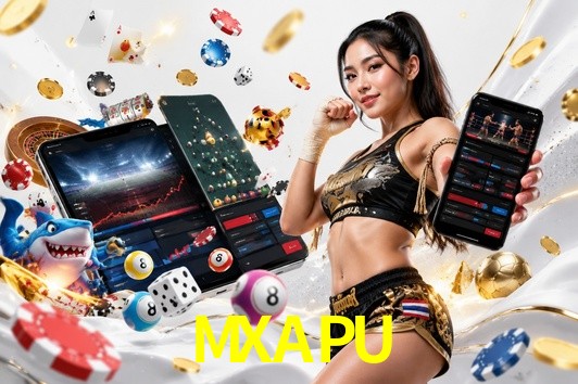 Una escena digital vívida inspirada en casino con MXAPU mostrado prominentemente, luces brillantes, fichas, cartas y acentos dorados.