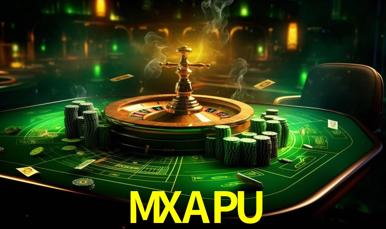 Escena dinámica inspirada en casino con iluminación MXAPU, cartas, fichas e íconos de juegos digitales en un espacio moderno de juegos.